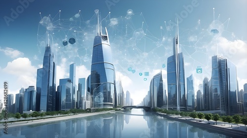 A double exposure of a modern metropolis with skyscrapers and structures  along with concepts of social connections  the internet of things  and satellite navigation systems