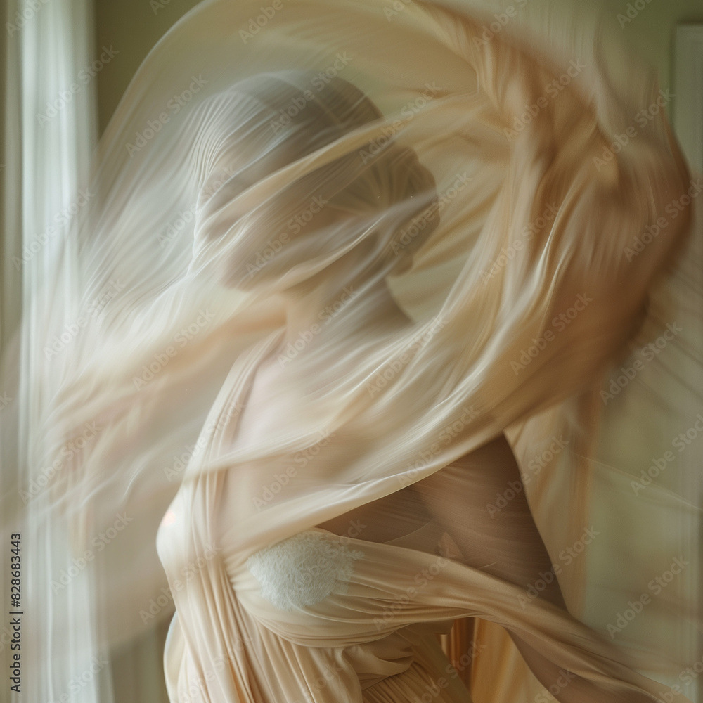 Woman's body wrapped in a flowing fabric, highlighting her natural shape and movement, with a soft, blurred background creating a dreamy effect Woman's body wrapped in a flowing fabric, highlighting her natural shape and movement, with a soft, blurred background creating a dreamy effect