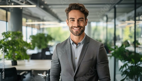 businessman grinning with satisfaction amidst the contemporary setting of a startup company's corporate office.