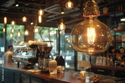 Inside the coffee shop is a large yellow gold lamp. Electrical appliances concept © darshika