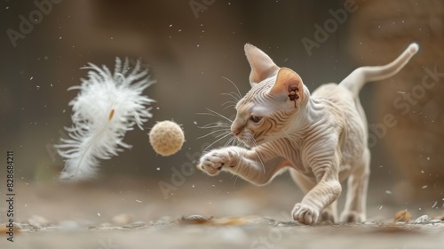 feline playfulness, watching a lively sphynx cat chase a feather toy is a delightful display of agility and energy, showcasing the grace of feline movements photo