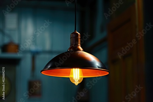 retro copper hanging lamp with orange light bulb.  light © darshika