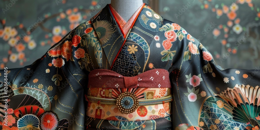 A kimono with a floral pattern and a red obi.
