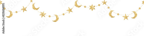 Ramadan or Al-Adha seamless decoration. Garland with hanging crescents and stars. Golden glitter ornaments. Muslim holidays border, frame. Transparent background in vector or PNG file.