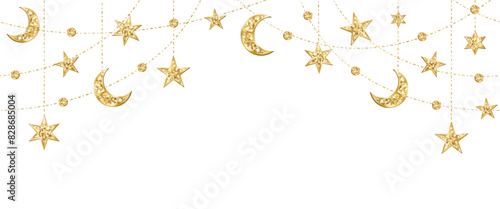 Ramadan or Al-Adha seamless decoration. Garland with hanging crescents and stars. Golden glitter ornaments. Muslim holidays border, frame. Transparent background in vector or PNG file.
