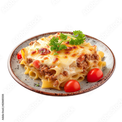 Front view of Firin Makarna with Turkish baked pasta, featuring pasta baked with ground meat, tomatoes, and bechamel sauce, isolated on a white transparent background photo