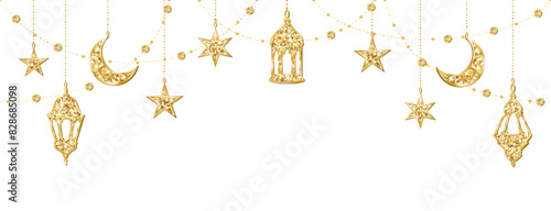 Ramadan or Al-Adha seamless decoration. Golden glitter garland with hanging crescents, stars and lanterns. Muslim holidays border, frame. Transparent background in vector or PNG file.