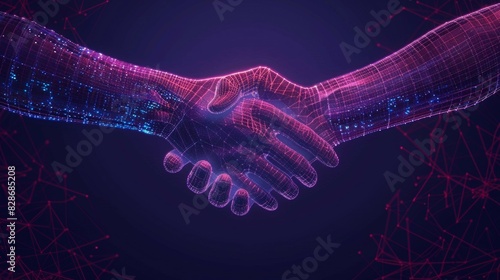 Digital businessman handshake across global network lines sym