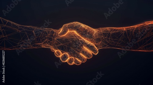 Digital businessman handshake across global network lines sym