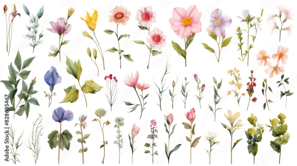 Fototapeta premium Set of watercolor wildflowers painting isolated on clear png background and transparent background. Fresh and nature concept for nature decorative and flower element, AI generative. 