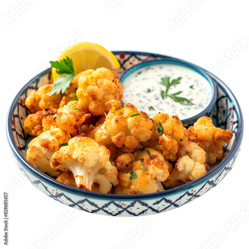 Front view of Karnabahar Kizartma with Turkish cauliflower fritters, featuring crispy fried cauliflower isolated on a white transparent background © SuperPixel Inc