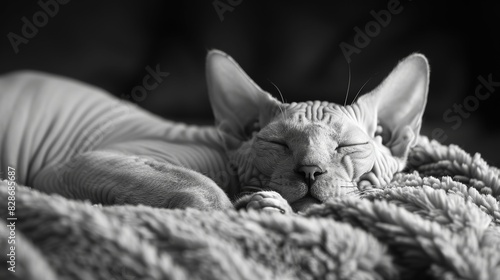 relaxed pet photography, the serene presence of a sphynx cat resting peacefully on a soft blanket, radiating calmness with its tranquil expression and relaxed posture photo