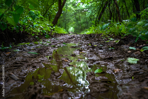 A forest path mired in mud, strewn with abundant leaves, and punctuated by a water-filled puddle