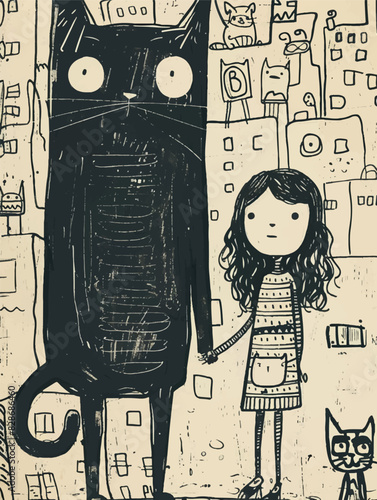 Hand drawn scribble, doodle vector detailed illustration in children's style: a girl, a big black cat and a small gray one are on the streets of the city