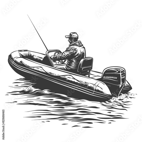 a man driving inflatable boat the boat is traveling with engraving style