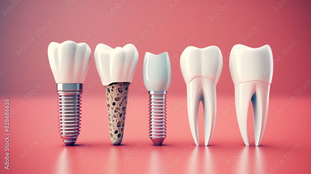 A comparison of dental components including implants and teeth on a pink background. Ideal for dental, medical, and health-related visuals. A comparison of dental components including implants and teeth on a pink background. Ideal for dental, medical, and health-related visuals.