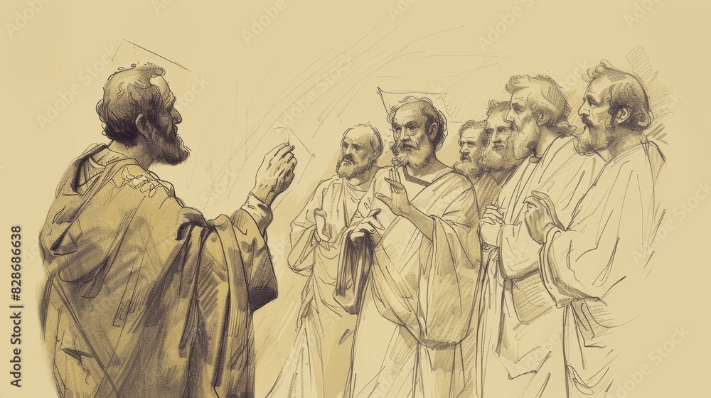 Fototapeta premium Cornelius Converted, Holy Spirit, Peter, Biblical Illustration, Beige Background, Copyspace