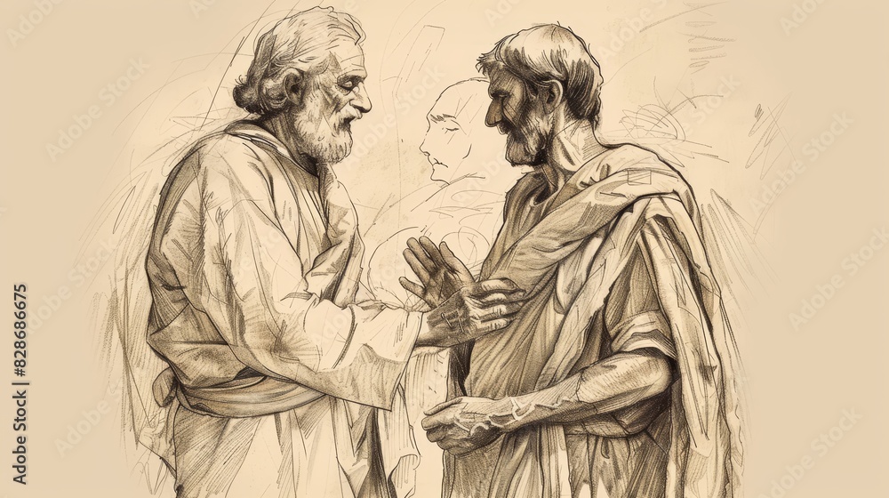 Centurion Speaking to Jesus for Healing of Servant, Servants Waiting, Biblical Illustration, Beige Background, Copyspace Centurion Speaking to Jesus for Healing of Servant, Servants Waiting, Biblical Illustration, Beige Background, Copyspace