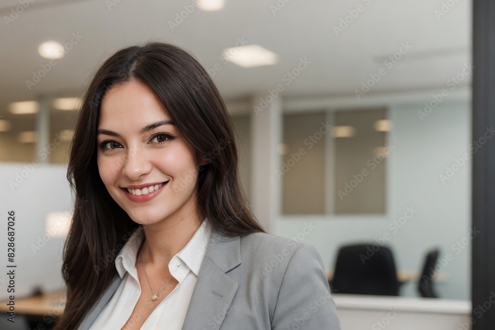 Fototapeta premium Happy female office worker working in a positive work environment with copy space.