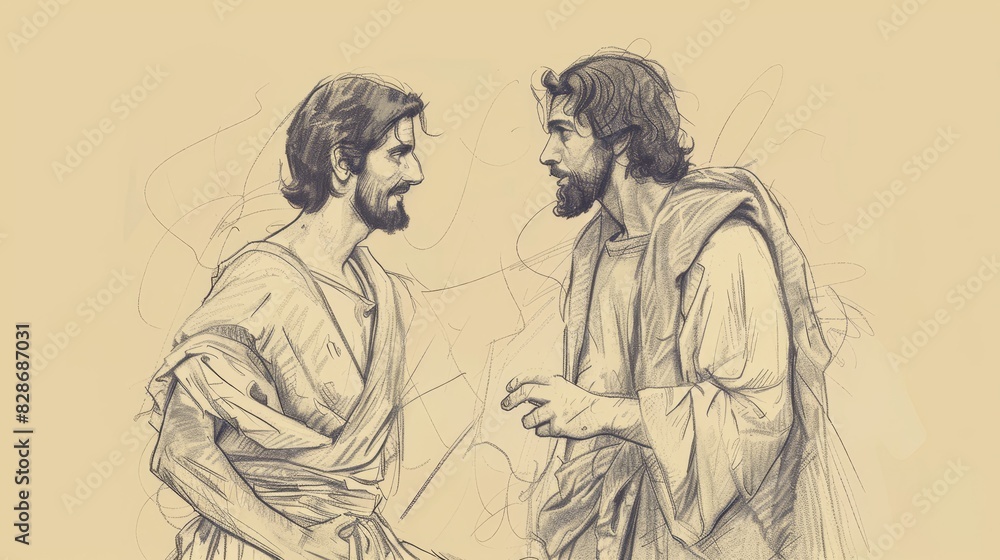 Rich Young Ruler Encountering Jesus, Invited to Follow, Hesitating, Biblical Illustration, Beige Background, Copyspace Rich Young Ruler Encountering Jesus, Invited to Follow, Hesitating, Biblical Illustration, Beige Background, Copyspace