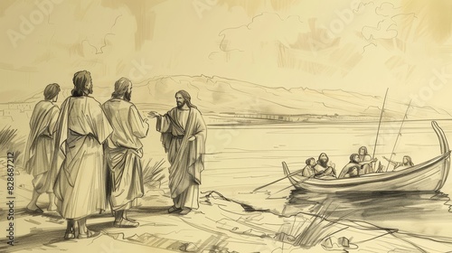 Jesus Calls Disciples by Sea of Galilee, 'Fishers of Men', Biblical Illustration, Beige Background, Copyspace