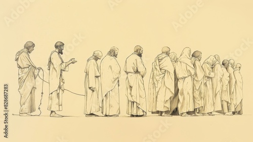 Jesus Heals Ten Lepers, One Returns with Gratitude and Praise, Biblical Illustration, Beige Background, Copyspace