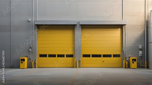 unlocking the garage's yellow iron shutter door and the warehouse façade of the industrial building with the grey concrete road