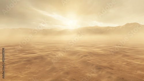 Desert landscape with sand blowing in the wind and sun shining through the clouds.