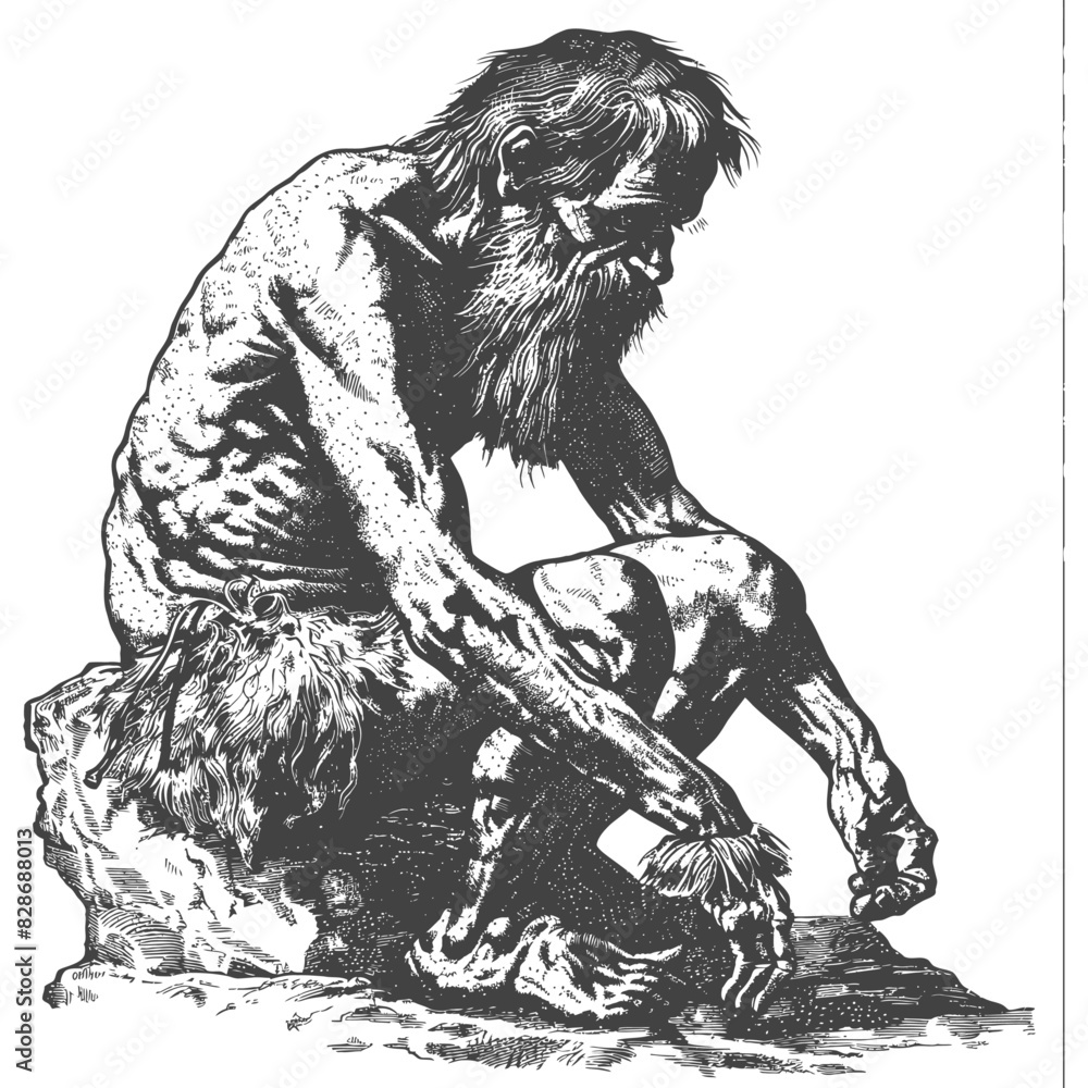 Fototapeta premium ancient caveman with old engraving style