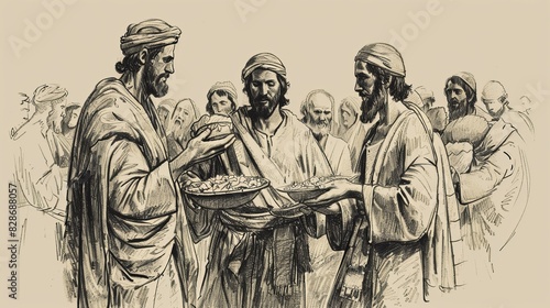 Feeding of 4,000 by Jesus, Loaves and Fishes, Biblical Illustration, Beige Background, Copyspace