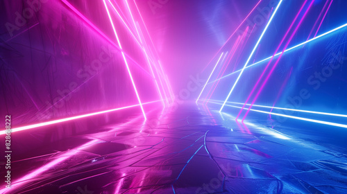 Futuristic glowing neon pink and blue light corridor with reflective surfaces.