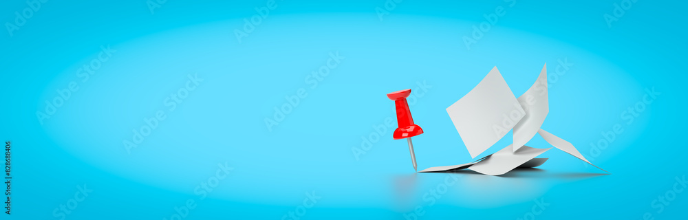 A red pin and a paper note. 3d rendering on the topic of business, work, study, university, office. Modern, minimal style. Blue background. A red pin and a paper note. 3d rendering on the topic of business, work, study, university, office. Modern, minimal style. Blue background.