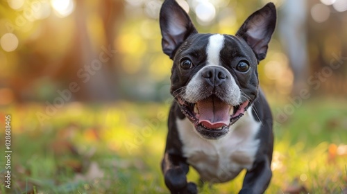 cute boston terrier playing in park, with a banner mockup of joyful pet concept