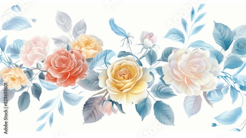 A beautiful bouquet of roses and peonies in pastel colors, with leaves and blue feathers, on a white background, in the style of a vector illustration. 