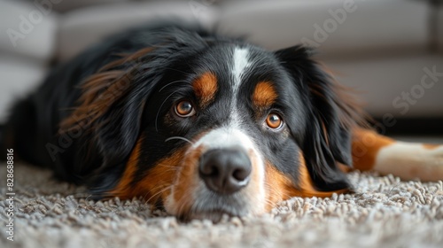a fluffy bernese mountain dog lounging on a cozy rug in the living room, epitomizing home comfort for pet enthusiasts
