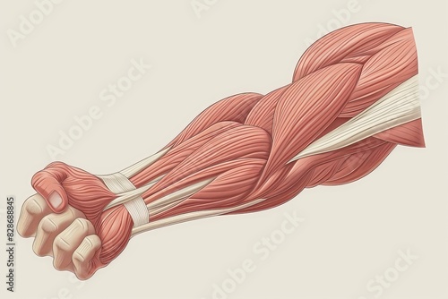 Detailed anatomical illustration of human arm muscles, showcasing the intricacies and structure of muscle fibers in a clenched fist. photo