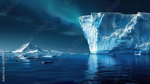 Majestic iceberg and ice floes under the northern lights, with calm waters and a beautiful dark blue sky. Captivating Arctic landscape. photo