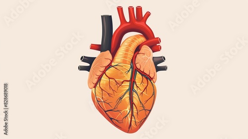 Detailed illustration of the human heart showcasing the anatomy and blood vessels, perfect for educational and medical use. photo