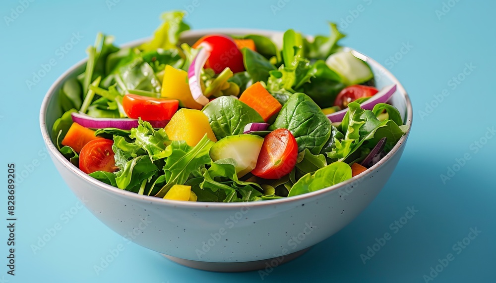 Fresh and vibrant vegetable salad in a white bowl against a blue background, containing leafy greens, tomatoes, peppers, and onions. Fresh and vibrant vegetable salad in a white bowl against a blue background, containing leafy greens, tomatoes, peppers, and onions.