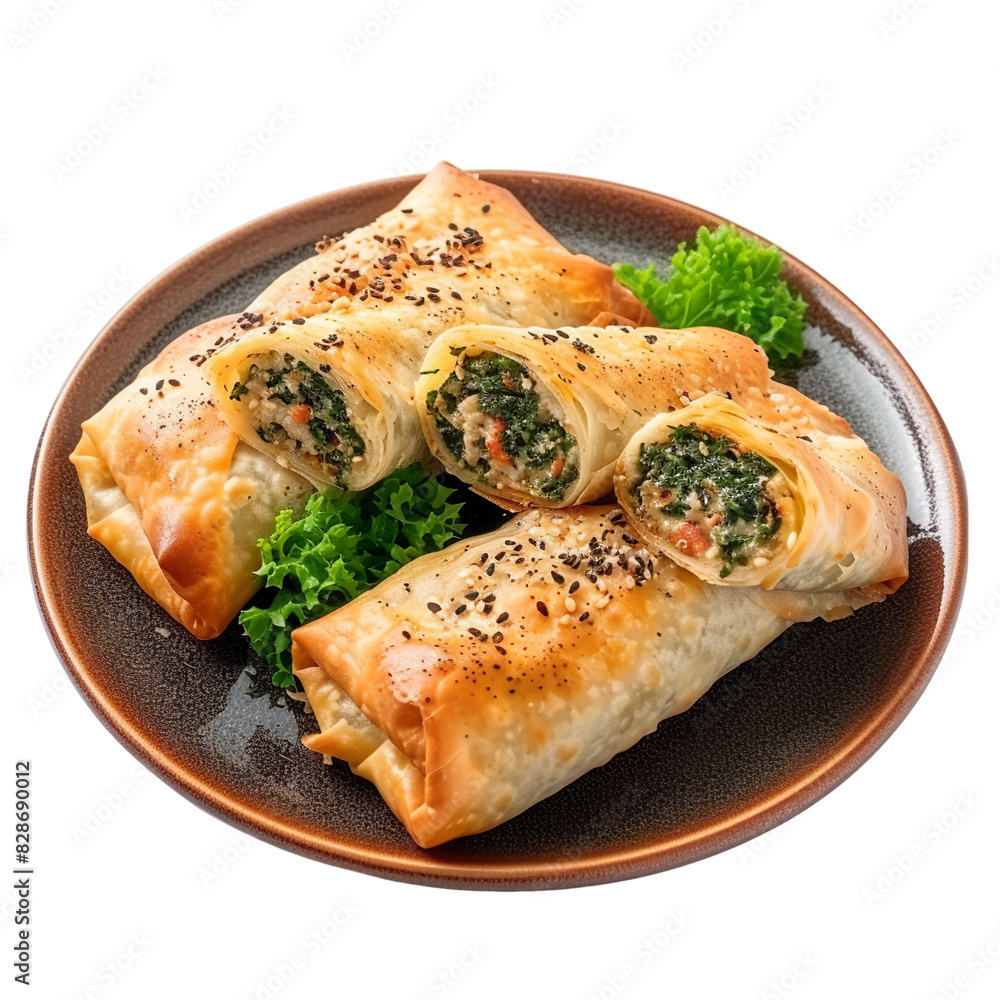 Front view of Tavuklu Ispanak Sarma with Turkish chicken and spinach rolls, minced chicken and sautéed spinach rolled in thin dough, baked until golden brown, on a white transparent background Front view of Tavuklu Ispanak Sarma with Turkish chicken and spinach rolls, minced chicken and sautéed spinach rolled in thin dough, baked until golden brown, on a white transparent background