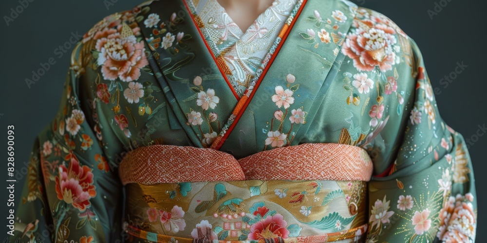 A woman wearing a green kimono with floral patterns.