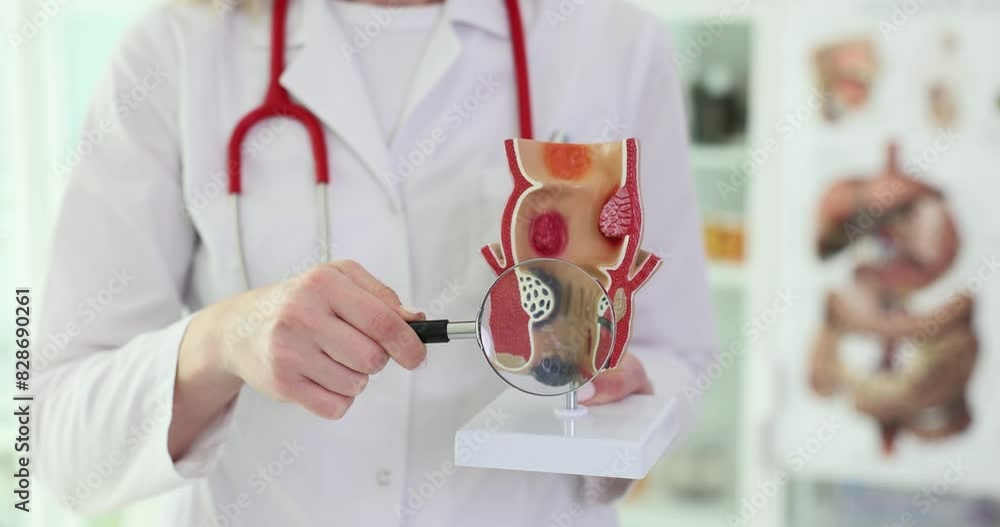 Proctologist Definition Proctologist is holding magnifying glass and anatomical model of rectum ...