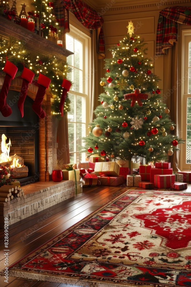 Cozy Christmas Fireplace Scene with Decorated Tree and Presents