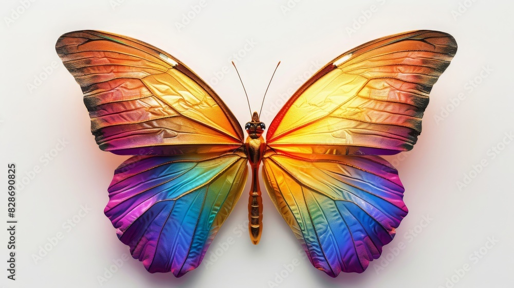 A colorful butterfly with a gold body and rainbow wings A colorful butterfly with a gold body and rainbow wings