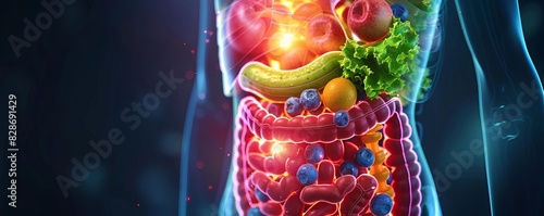 Anatomy of the digestive system, close up, focus on, rich colors, double exposure silhouette with food digestion photo