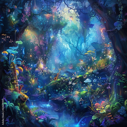 A wide-angle view of a magical forest with vibrant