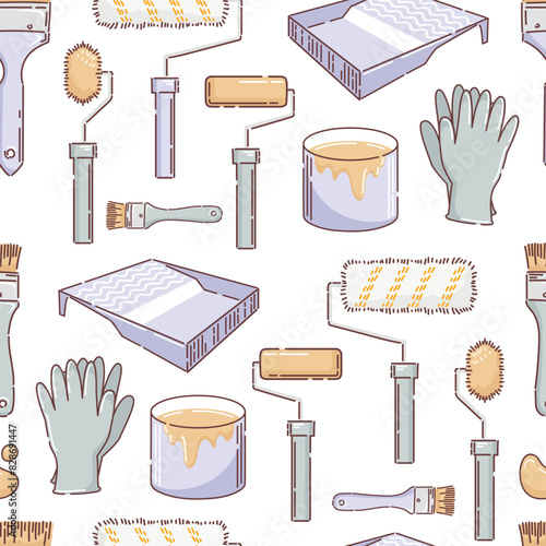 Repair and painting work, seamless pattern of brushes and rollers for painting. Cuvette for paints, gloves, a jar of enamel. Repair, building. Vector illustration doodle style. wallpaper, background.