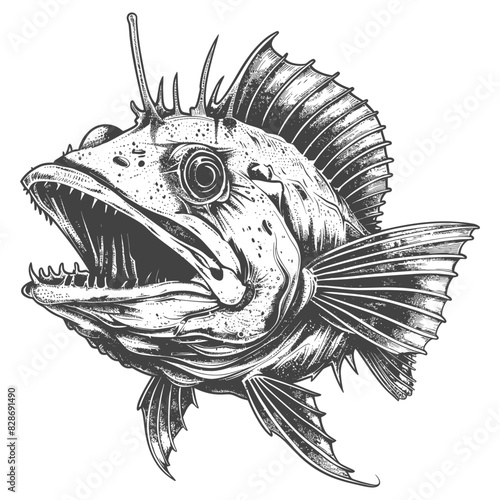 Anglerfish Fish from deep sea with engraving style