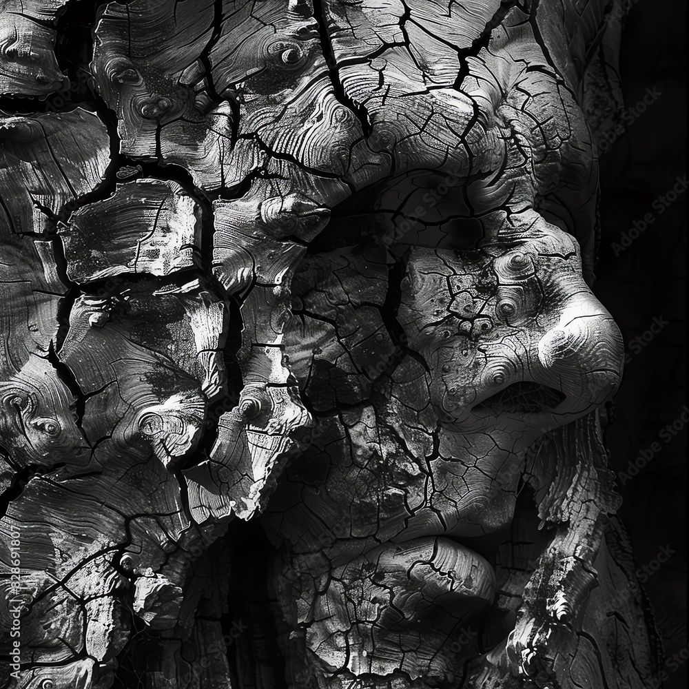 Close-up shot, black and white photography of a weathered, ancient tree bark, intricate textures, high contrast, sharp details, dramatic lighting Close-up shot, black and white photography of a weathered, ancient tree bark, intricate textures, high contrast, sharp details, dramatic lighting