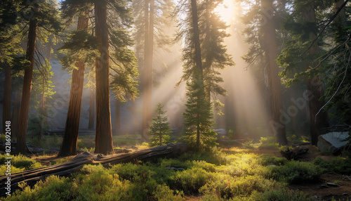 A sunlight streaming through trees  San Bernardino National Forest